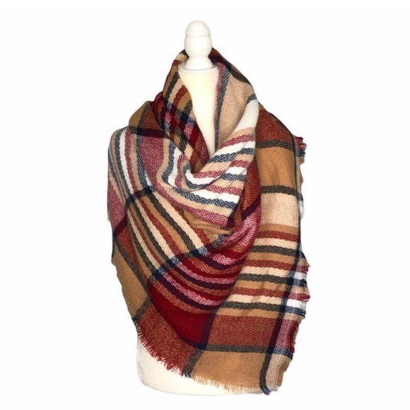 Tartan Plaid Oversized Blanket Scarf in Autumn Colors (Red/Brown/Black/White) - Picture 6 of 6